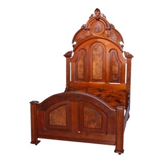 1880 Antique Renaissance Revival Carved Walnut & Burl Full Bed Frame For Sale