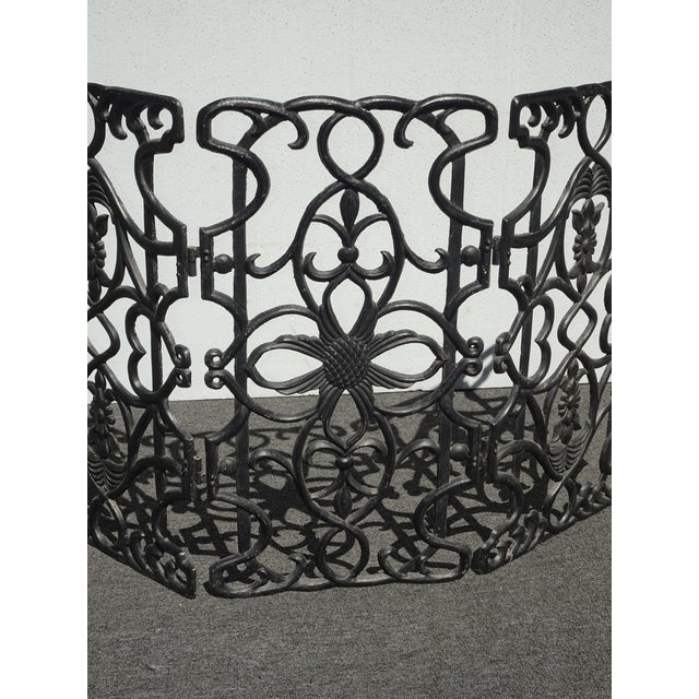 Vintage Spanish Style Cast Iron Three Panel Ornate Black Fireplace Screen For Sale - Image 10 of 18