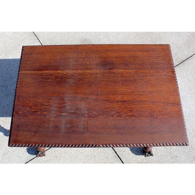 Antique Renaissance Revival Carved Oak Writing Table / Desk With Bronze Dragons & Clawed Feet For Sale - Image 10 of 18