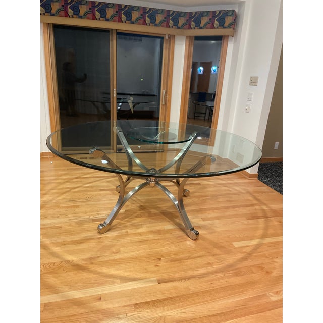 Contemporary 6' Diameter Dining Table Stamped Made in Italy - Stainless Steel Base With Polished Chrome Accents & Beveled Glass Top - Includes Removable Lazy Susan For Sale - Image 3 of 12