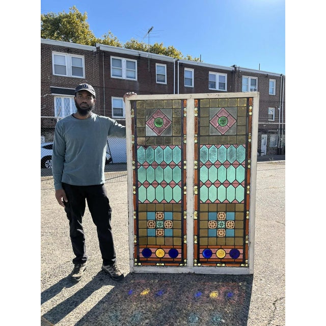 Very Rare Antique Victorian Large Double Panel Stained Glass Window in Amber, Pink, Blue, Green with Jewels in Wooden...