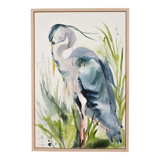 "Heron No. 32" Contemporary Original Great Blue Heron Bird Watercolor Painting on Canvas With Floater Frame by Elizabeth Becker For Sale