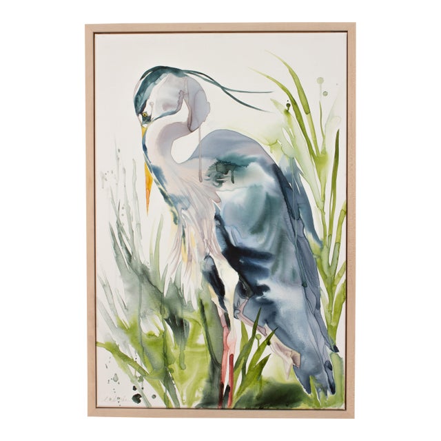 "Heron No. 32" Contemporary Original Great Blue Heron Bird Watercolor Painting on Canvas With Floater Frame by Elizabeth Becker For Sale