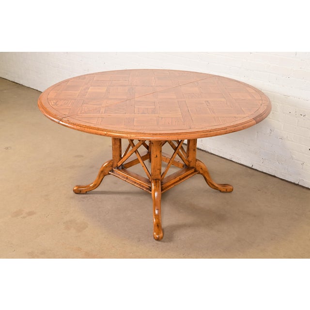 French Country Guy Chaddock English Country Rustic Oak Pedestal Extension Dining Table With Patchwork Parquet Top, Newly Refinished For Sale - Image 3 of 15