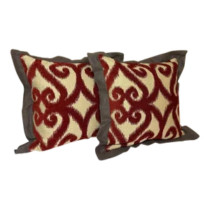 Pair of Custom Beige Jacquard Brick Red Chenille Scrolled Pillows With Linen Flange, Late 20th Century
