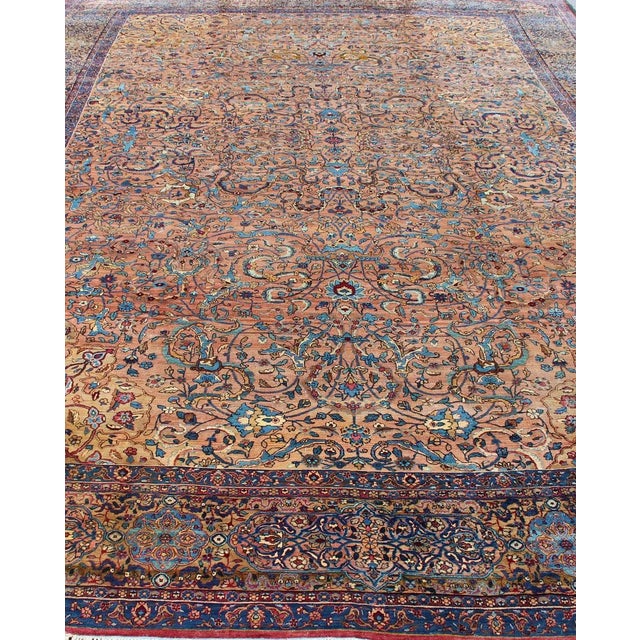Classic Colorful Antique Large Lavar Kerman Rug in Salmon Background For Sale - Image 9 of 13