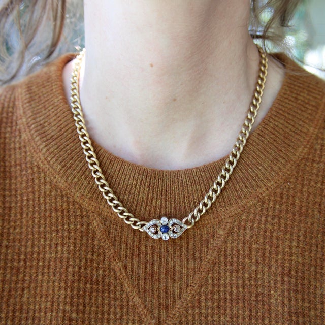 Late 19th Century Victorian 14k Gold Curb Link Diamond and Sapphire Necklace For Sale - Image 10 of 12