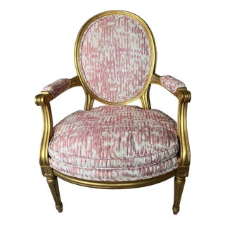 Vintage Gold Leaf Fauteuil Chair With Brunschwig & Fils Upholstery For Sale