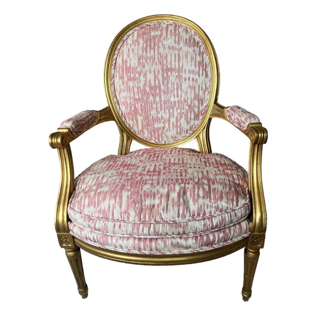 Vintage Gold Leaf Fauteuil Chair With Brunschwig & Fils Upholstery For Sale