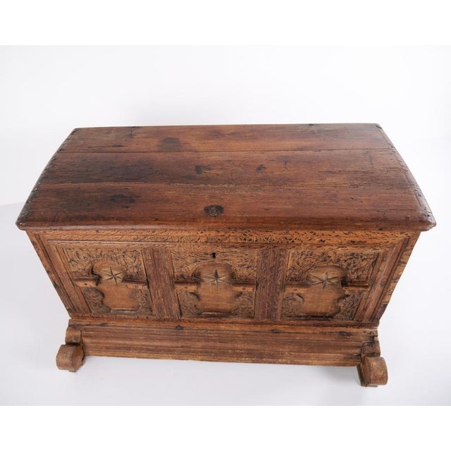 Chest in Oak with Carved Details and Fruitwood Inlays, 1860s For Sale - Image 13 of 14