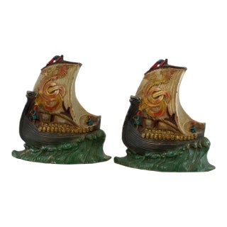 Antique Viking Dragon Ship Polychrome Cast Metal Bookends Circa 1925 For Sale