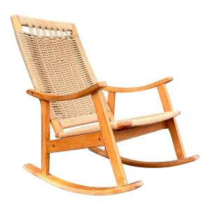 Vintage Rocking Chair With Woven Jute | in the Style of Hans Wegner