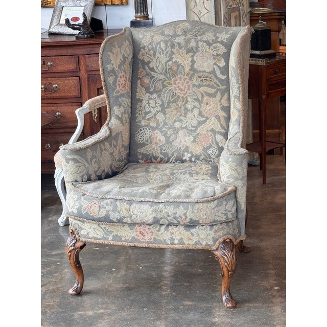 Traditional 1920s Needlepoint Upholstered Wingback Chair With Carved Cabriole Legs For Sale - Image 3 of 12
