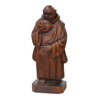 19th C. French Hand Carved Oak Monk Figure in Gothic Style Robe Holding Bowl For Sale