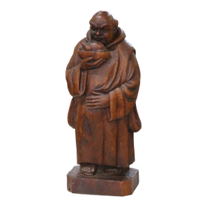 19th C. French Hand Carved Oak Monk Figure in Gothic Style Robe Holding Bowl