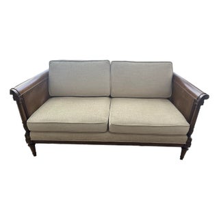 Vintage Cane Settee | Professionally Upholstered Neutral Herringbone | Classic Transitional For Sale