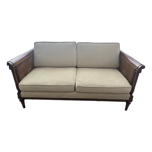 Vintage Cane Settee | Professionally Upholstered Neutral Herringbone | Classic Transitional For Sale