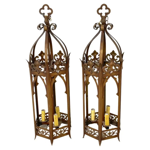Large Patinated Gothic Style Hexagonal Lantern, Rewired, Second Available Sold Individually USA, circa 1920s Standing...