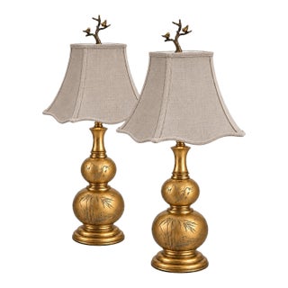 Antique Chinoiserie Brass Double-Gourd Lamps With Taupe Pagoda Shades, Pair For Sale