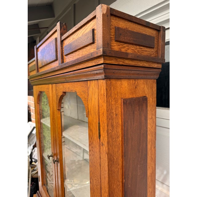 Early 1900s Architectural Oak Display Glass-Front Cabinet on Chest For Sale - Image 16 of 18