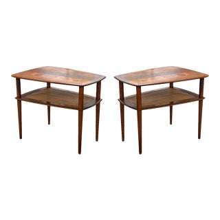 Danish Peter Hvidt for John Stuart Two Tier Cane Side End Tables - A Pair For Sale