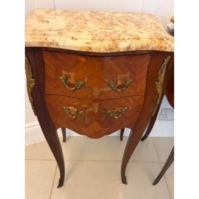 Antique French Kingwood Marquetry Marble Top Nightstands, 1920, Set of 2 For Sale - Image 12 of 18