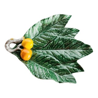 Mid-Century Majolica Leaf Bowl with Medlars from Secla, Portugal, 1970s For Sale