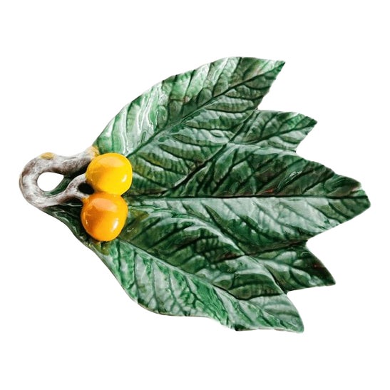 Mid-Century Majolica Leaf Bowl with Medlars from Secla, Portugal, 1970s For Sale