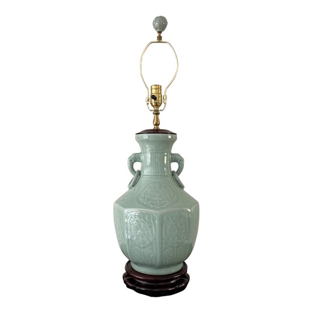 Vintage Asian Celadon Porcelain Table Lamp For Sale