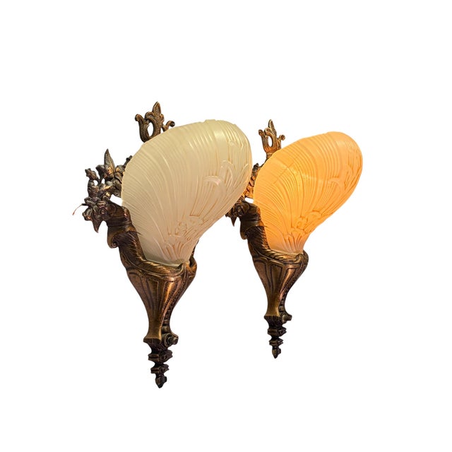Metal 1930s Cast Bronze Wall Sconces With Ivory Art Deco Shades Original Finish - Pair For Sale - Image 7 of 15