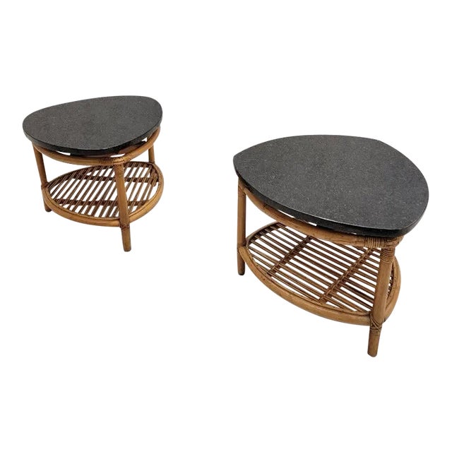 Vintage Paul Frankl Style Floating Granite Rattan Side Tables - Pair For Sale