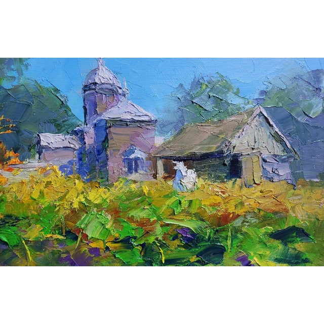 Textile Oil Painting Village Church on a Clear Day Boris Serdyuk For Sale - Image 7 of 8