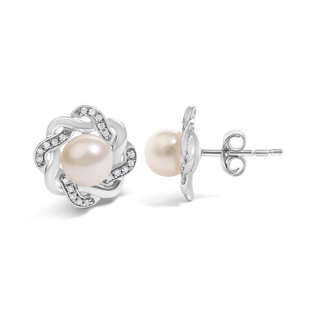 Haus of Brilliance Sterling Silver Pearl and 1/10 Cttw Diamond Floral Twist Stud Earrings For Sale - Image 4 of 4