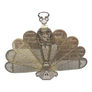 Victorian Cameo Brass Peacock Fireplace Fan Folding Screen