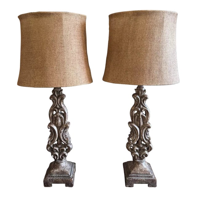 Pair of Uttermost Gia Scrolled Buffet Table Lamps With Shades For Sale