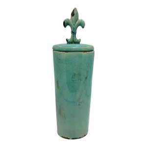Large Crackle Glaze Turquoise Fleur-De-Lis Lidded Jar