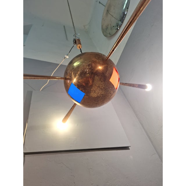 Chandelier in Copper Brass and Colored Glass 4 Copper Cones For Sale - Image 17 of 18