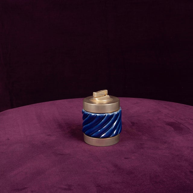 1970s Blue Glazed Ceramic and Brass-Toned Metal Table Lighter by Tommaso Barbi, 1970s For Sale - Image 5 of 17