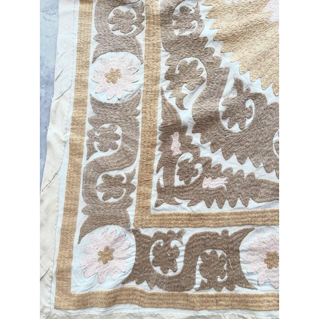 Suzani Embroidered Wall Hanging - Neutral Tan Uzbek Tablecloth For Sale - Image 4 of 9