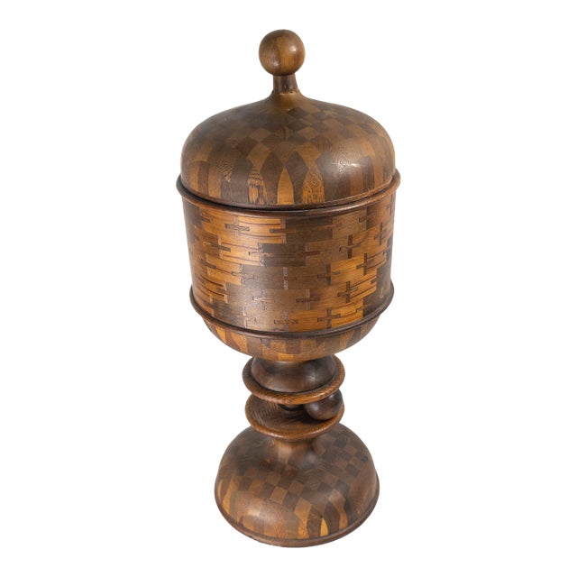 Early 20th Century Folk Art Parquetry Turned Wood Centerpiece Chalice For Sale