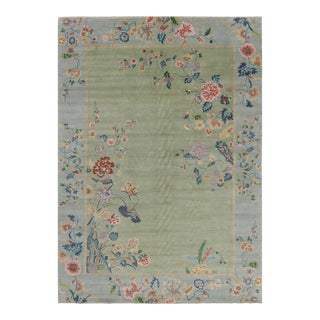 Rug & Kilim’s Chinese Art Deco Style Floral Rug in Green and Blue For Sale