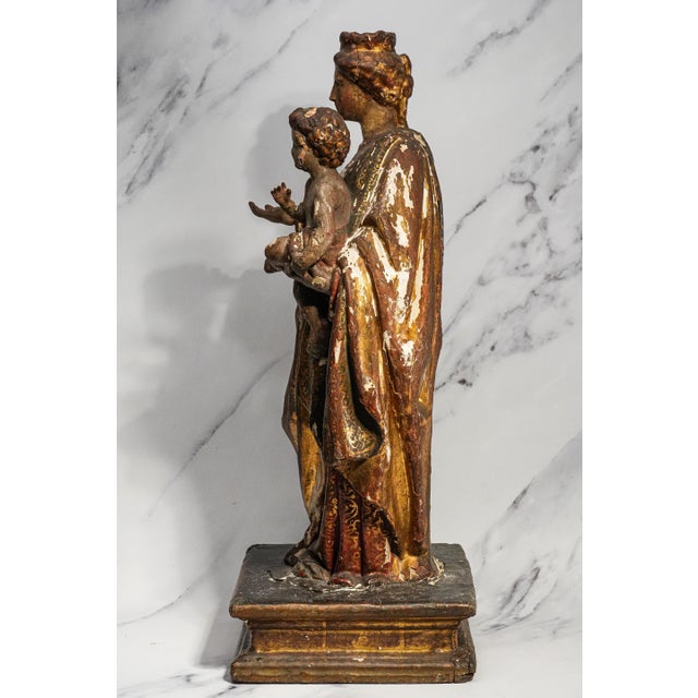 Large Antique 19th Century Mary Jesus Statue Carved Polychrome Wood Religious Sculpture For Sale - Image 10 of 18