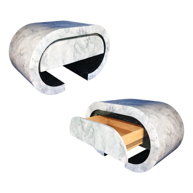 1980s Vintage Alpi Design Postmodern Marble Veneer Waterfall Nightstands Pair/Set For Sale