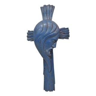 Vintage Religious Jesus Sculpted Resin Blue Mid Century Wall Crucifix Cross For Sale