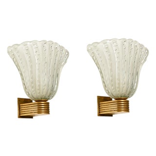 Large Murano Glass and Brass Flower Sconces from Barovier, Italy 1940s, Set of 2 For Sale