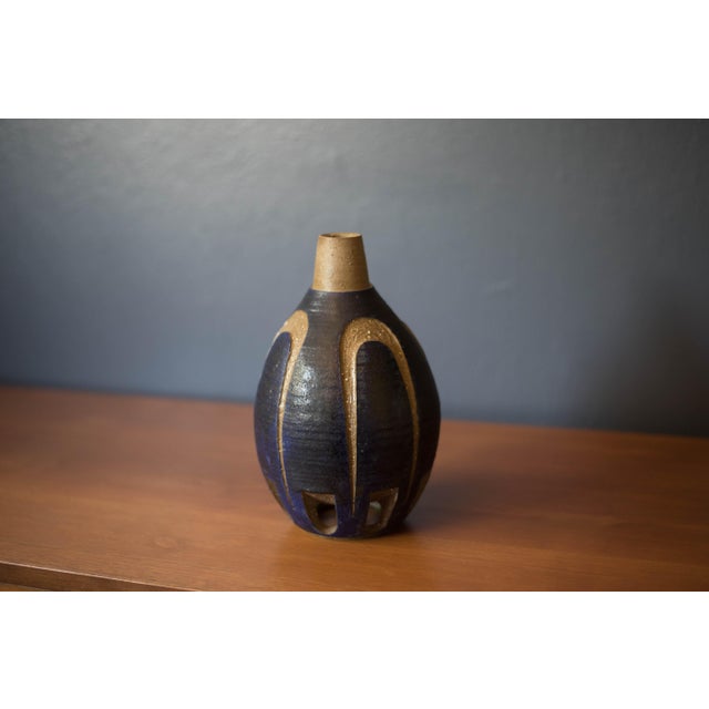 Mid-Century Modern Vintage Sculptural Decorative Blue Stoneware Ceramic Pottery Bud Vase For Sale - Image 3 of 9