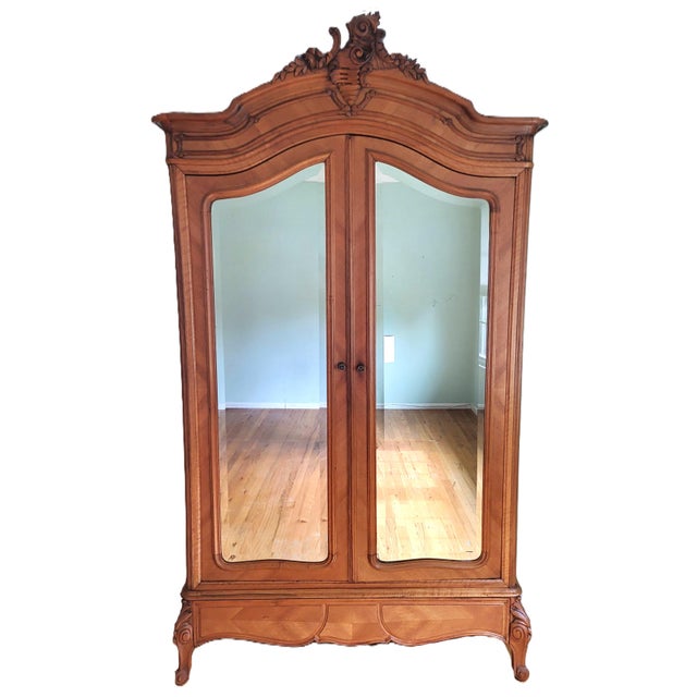Wood Antique French Louis XV Style Carved Walnut Double Mirror Door Armoire Wardrobe For Sale - Image 7 of 18