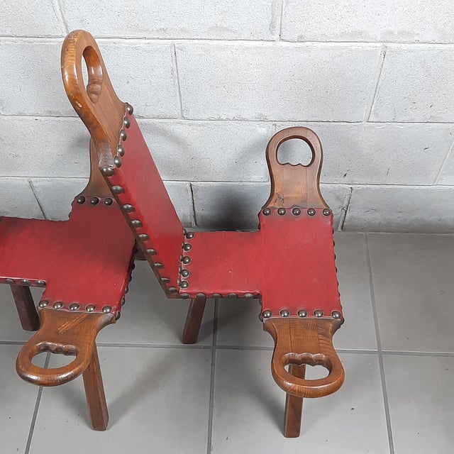 Set of Spanish Brutalist Chair in Wood & Red Leather, 1960s For Sale - Image 6 of 18