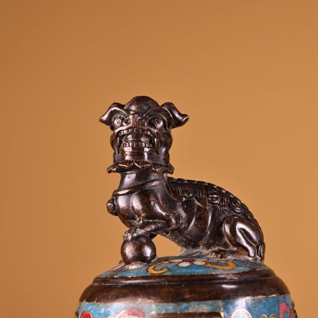 Metal Late 20th Century Pair of Cloisonné Enamel Dragon Censers With Guardian Lion Finials For Sale - Image 7 of 9