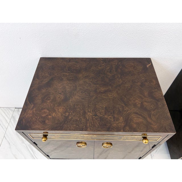 Mastercraft Bernhard Rohne Mastercraft Burl and Acid Etched Brass Nightstands, 1970's For Sale - Image 4 of 8